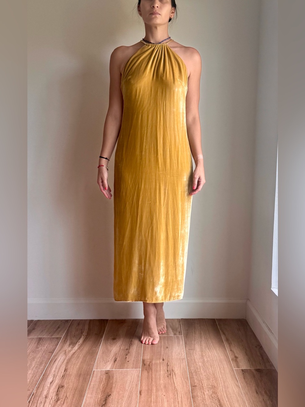 Reformation Yrving Dress – Yellow Gold Midi Dress in velvet